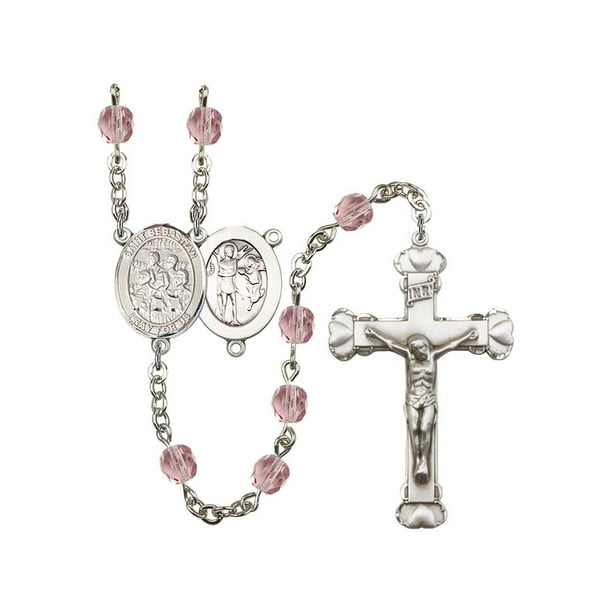 Choir Charm. 18-Inch Rhodium Plated Necklace with 6mm Rose Birthstone Beads and Sterling Silver Saint Sebastian 